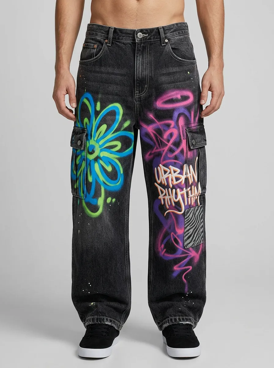 Men's Streetwear Graffiti Flower Urban Rhythm Printed Cargo Jeans