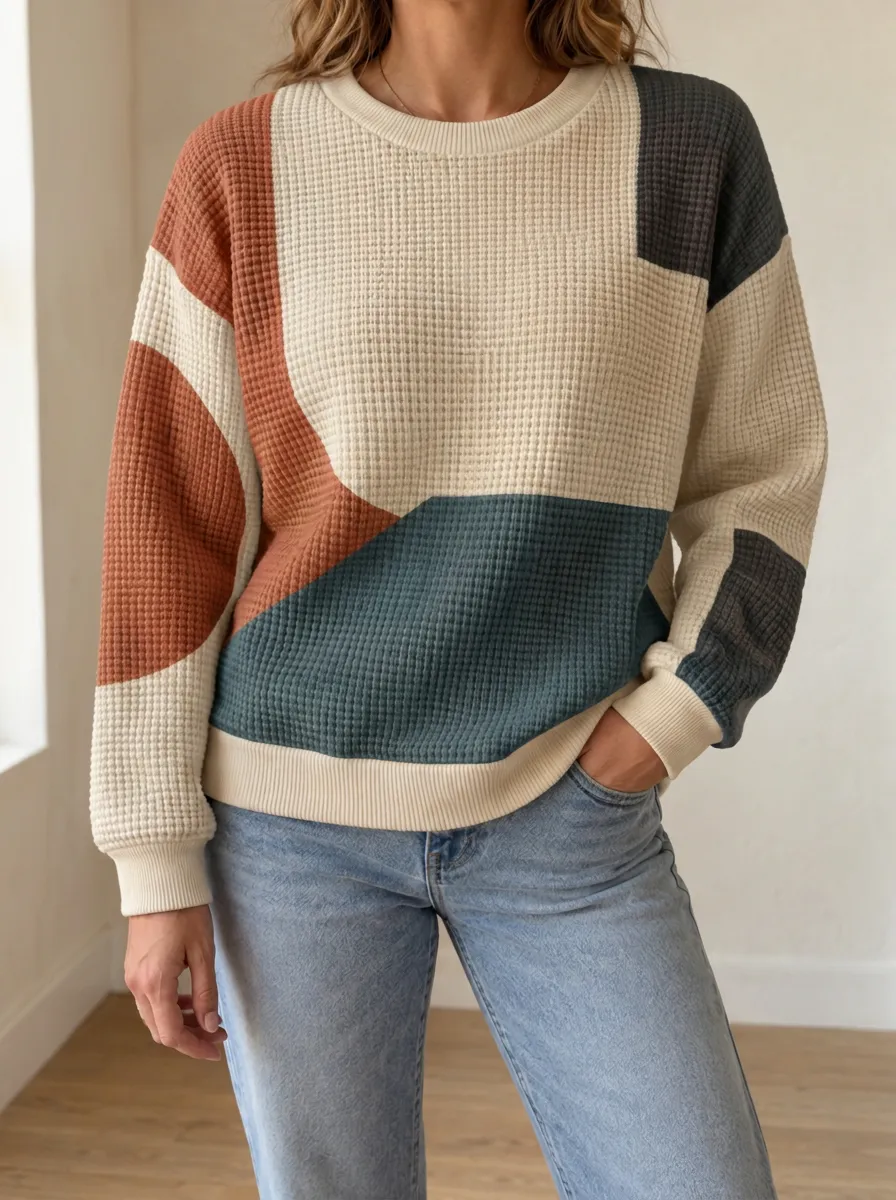 Women's Art-Inspired Geometric Colorblock Waffle Knit Crewneck Sweatshirt