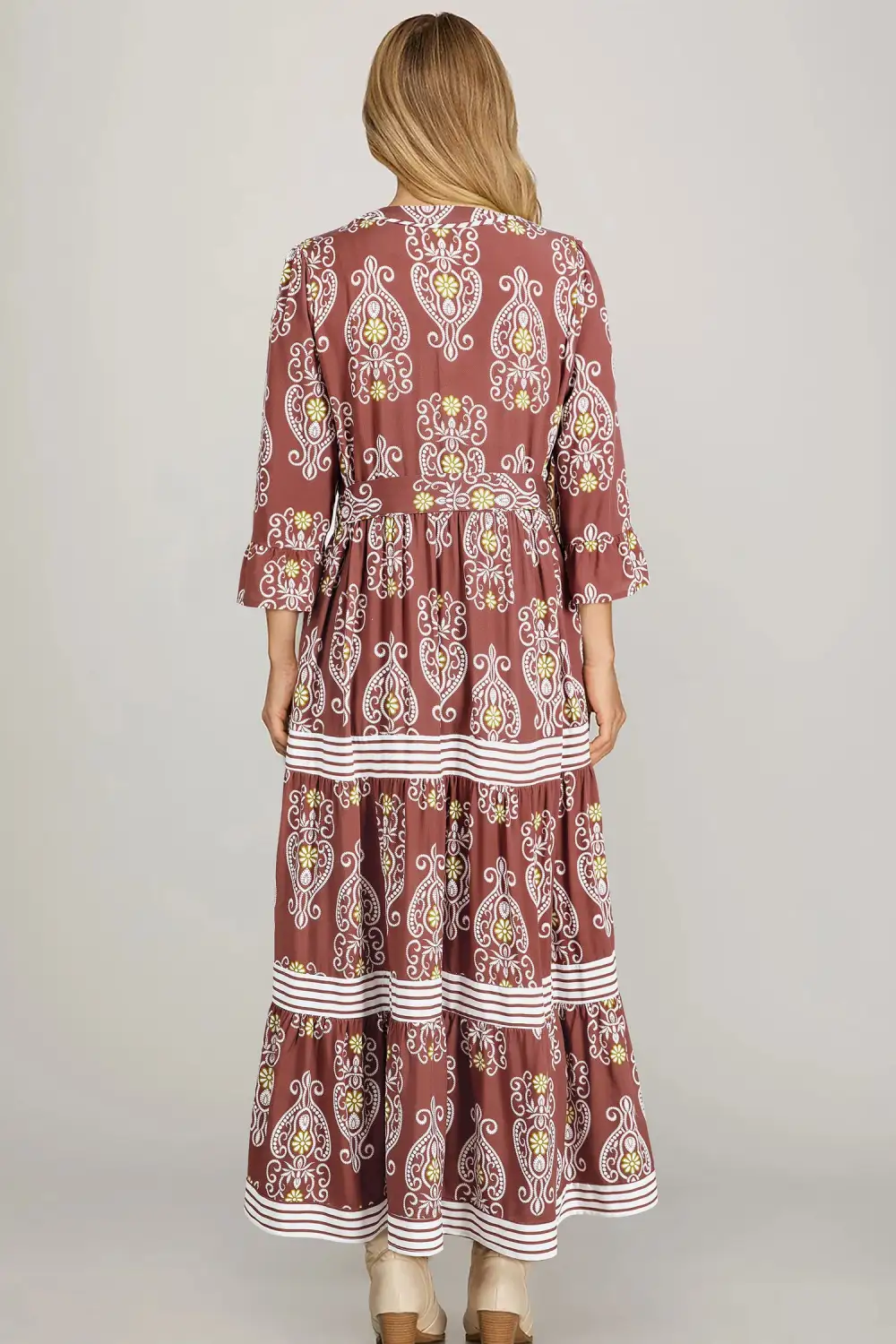 Floral Print Belted Striped Trim Tiered Maxi Dress