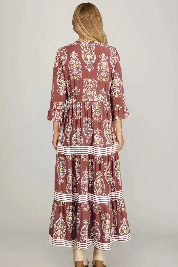 Floral Print Belted Striped Trim Tiered Maxi Dress