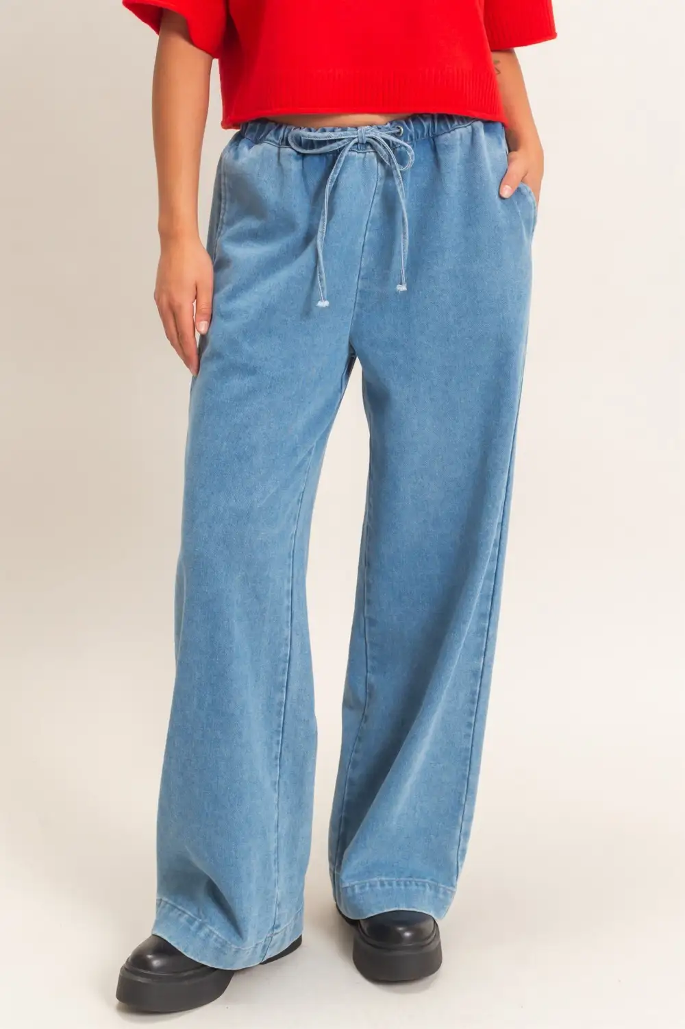 Women's Elastic-Waist Wide-Leg Denim Pants