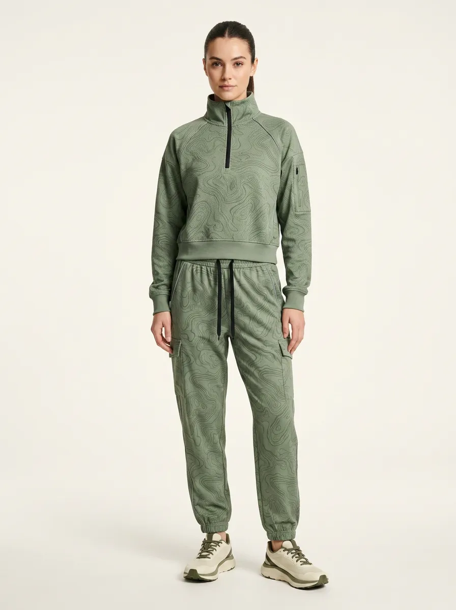 Women's Activewear Sage Green Topographic Printed Tracksuit
