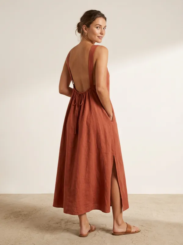 Women's Flowing Casual Linen Maxi Backless Dress