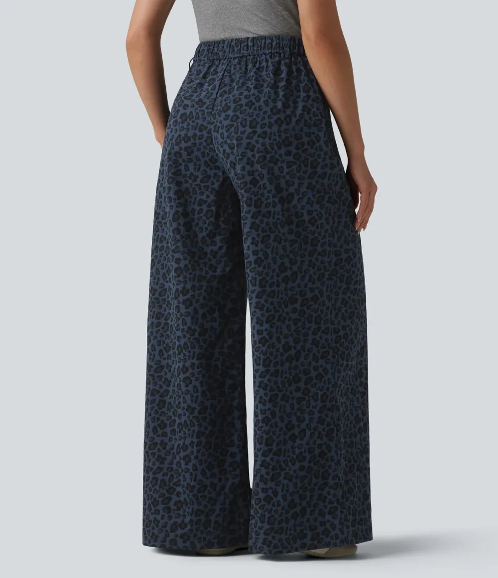 Pantalon large décontracté imprimé léopard taille mi-haute avec poches