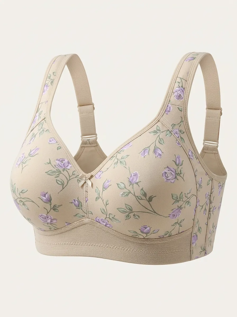 Women's Plus Size Beige Rose Floral Full-Coverage Wireless Bra