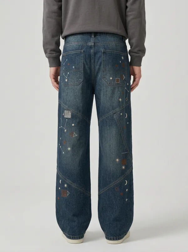 Men's Celestial Moon Star Embroidered Printed Wide Leg Jeans