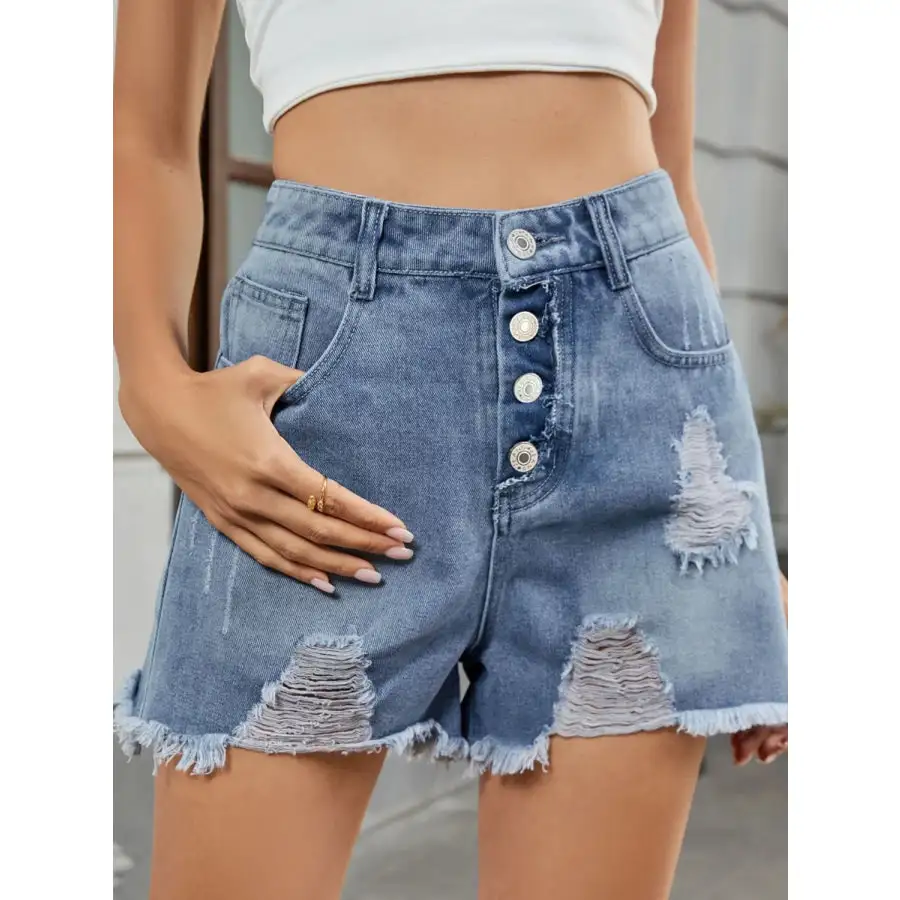 Soft Distressed Raw Hem Denim Shorts