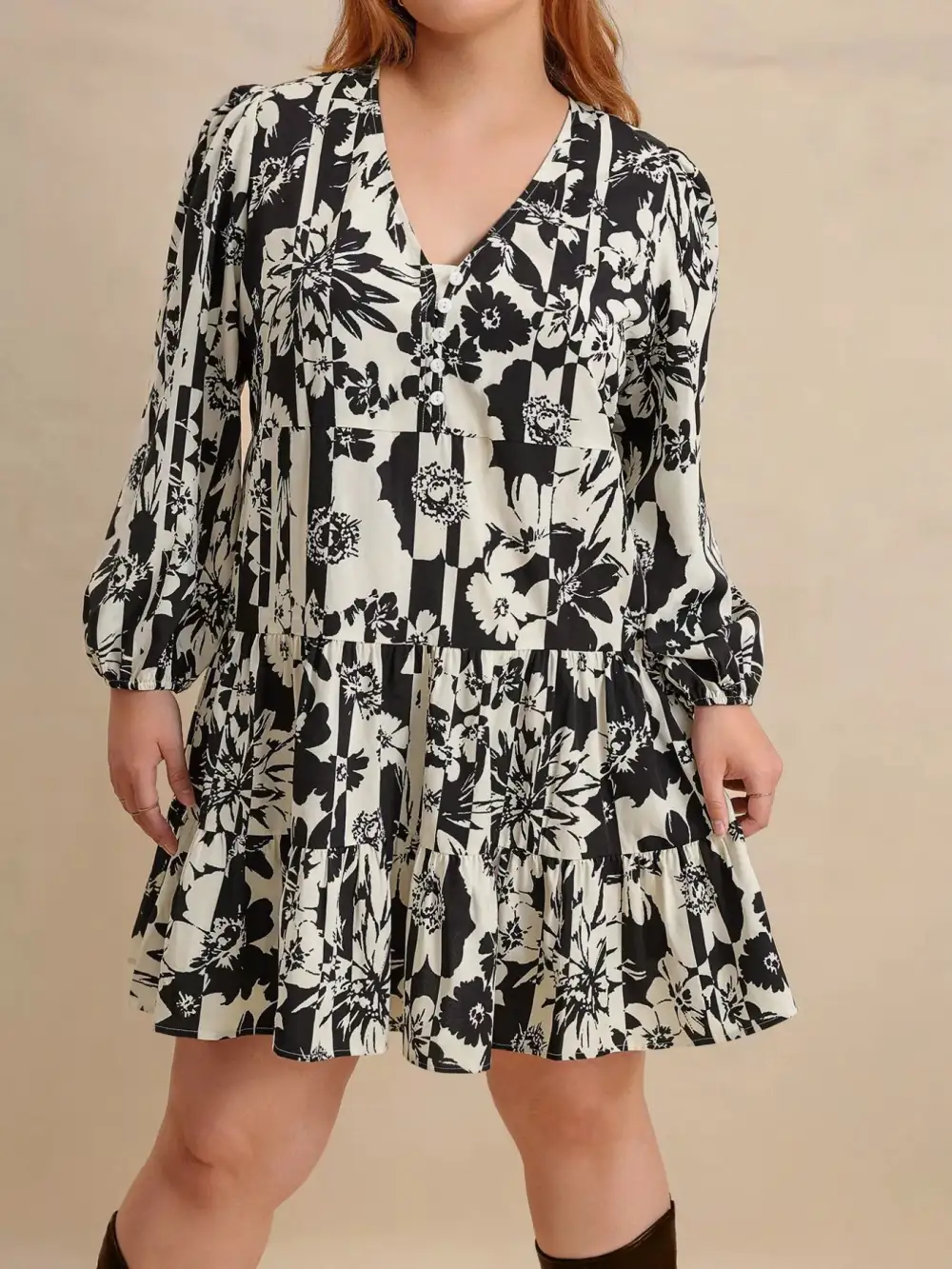 Drape Printed V Neck Long Sleeve Mini Dress