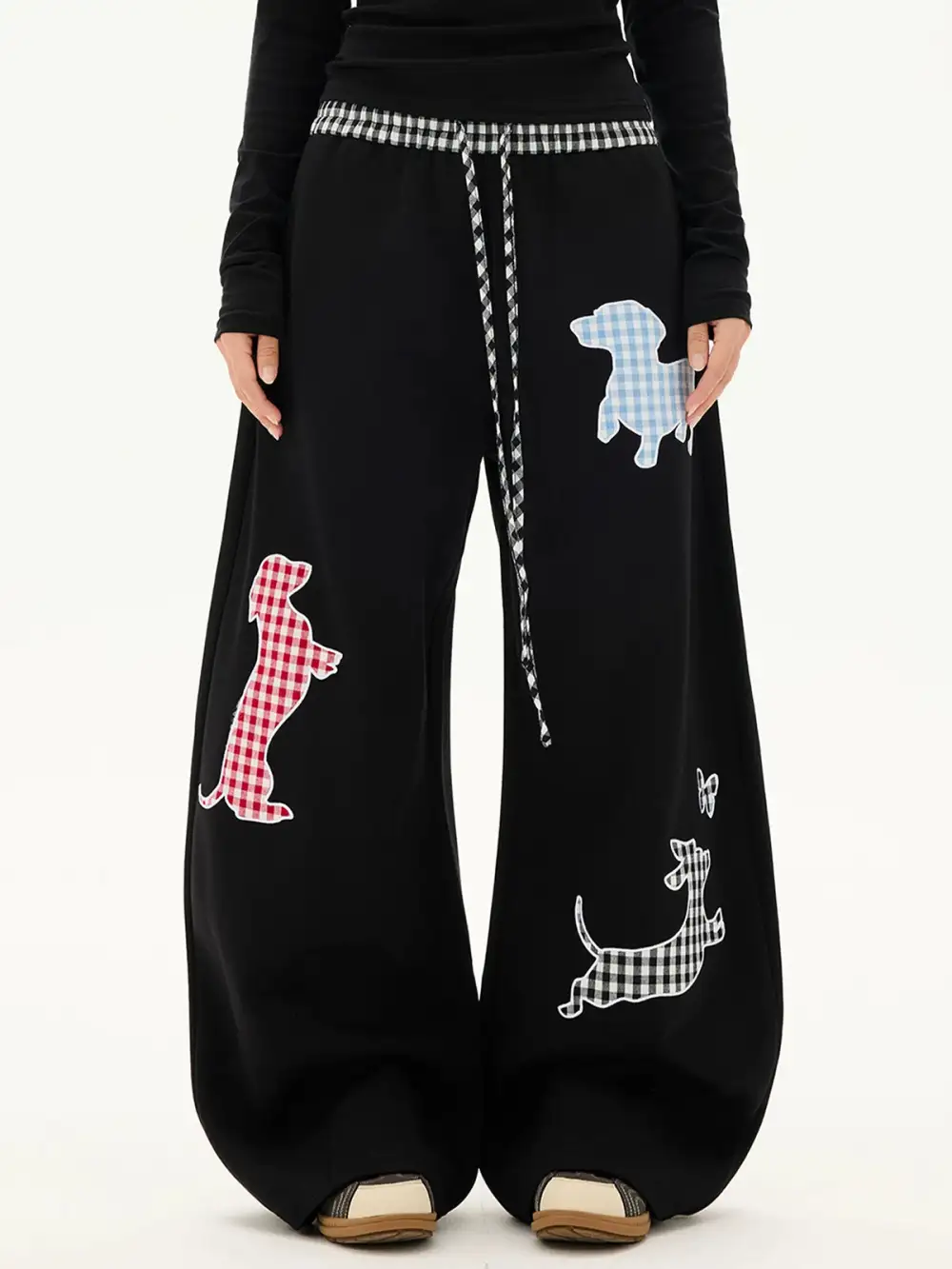 Curved-Cut Plaid Graphic Pants