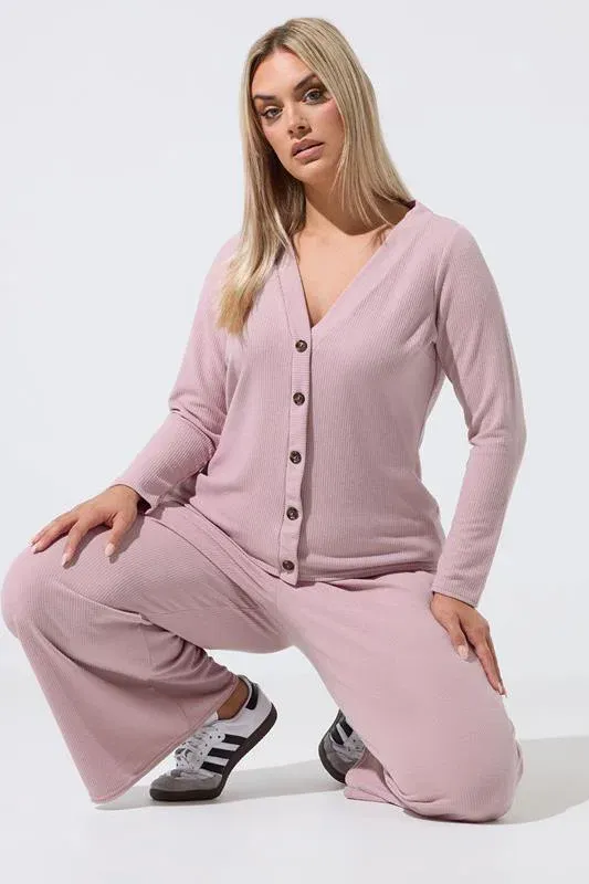 Plus Size Pink Ribbed Button Cardigan