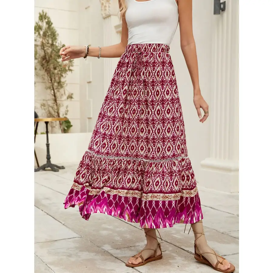 Bohemian Printed Ruched Maxi Skirt