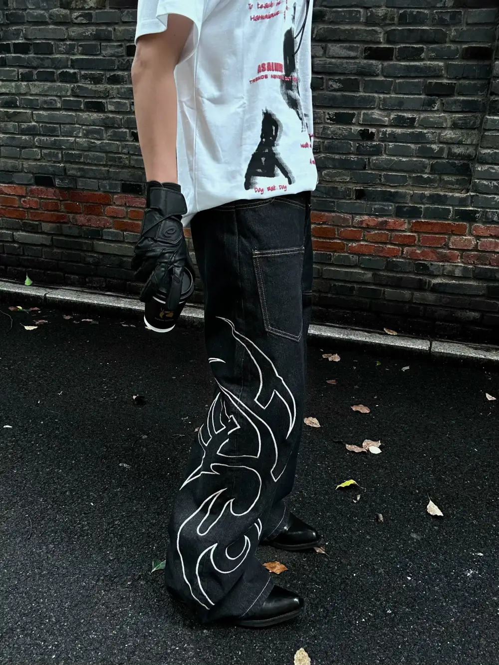 Tribal-Embroidered Wide-Leg Jeans