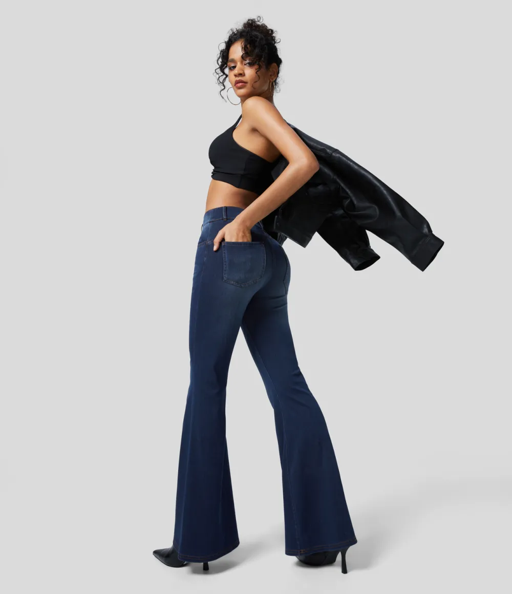Magic High Waisted Multiple Pockets Stretchy Knit Denim Work Full Length Flare Leggings