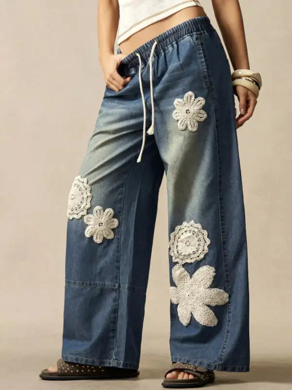 Wide-Leg Drawstring Jeans For Women