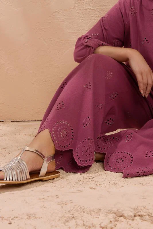 Burgundy Red Broderie Hem Linen Trousers detail 2