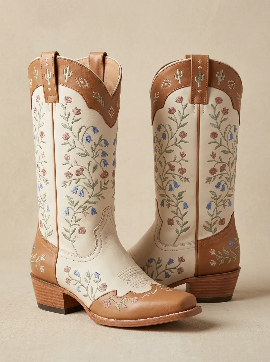 Prairie Cactus Floral Embroidered Collection Unisex Western Cowboy Boots