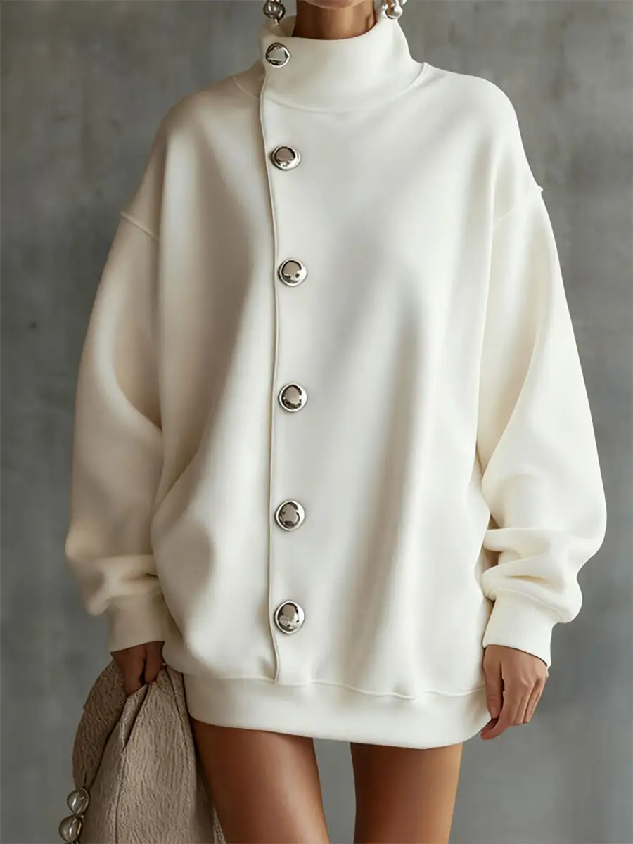 Long Sleeve Relaxed Solid Color Split Joint High Neck Mini Dress