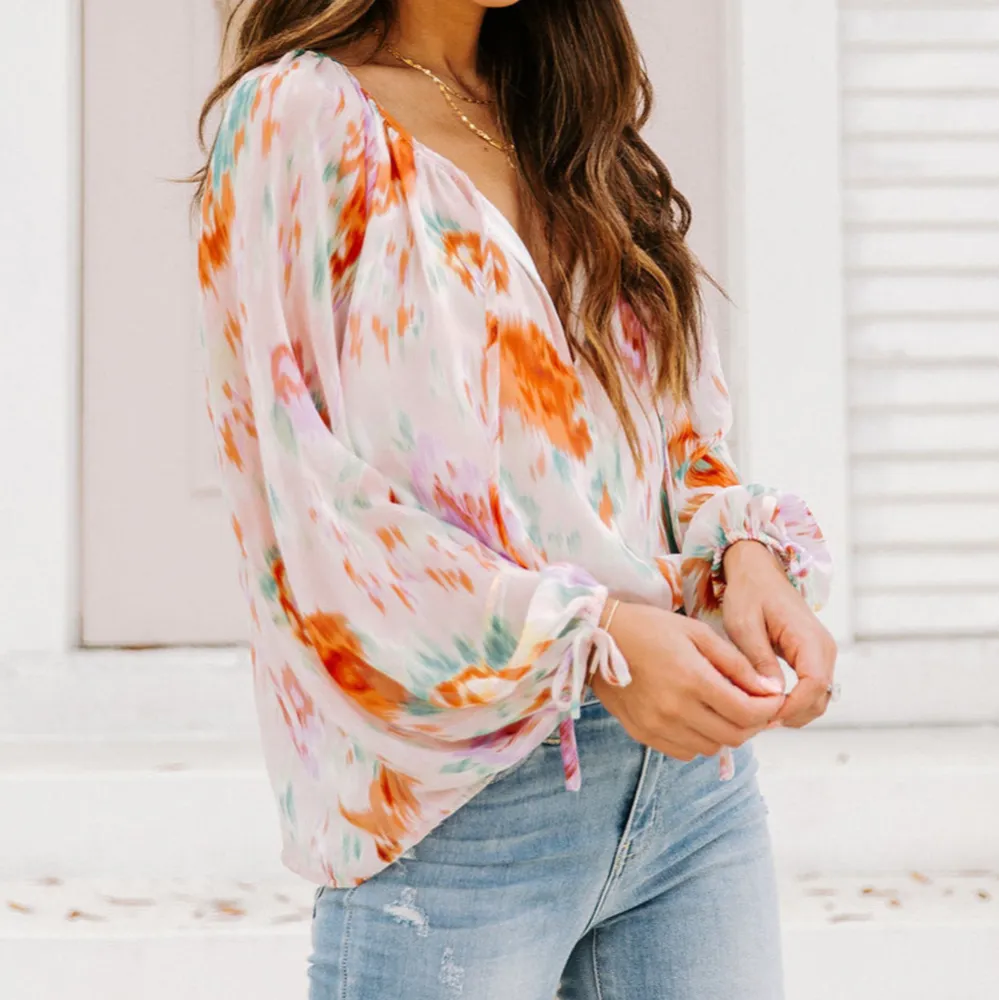 Abstract Print Puff Sleeve Split Neck Blouse