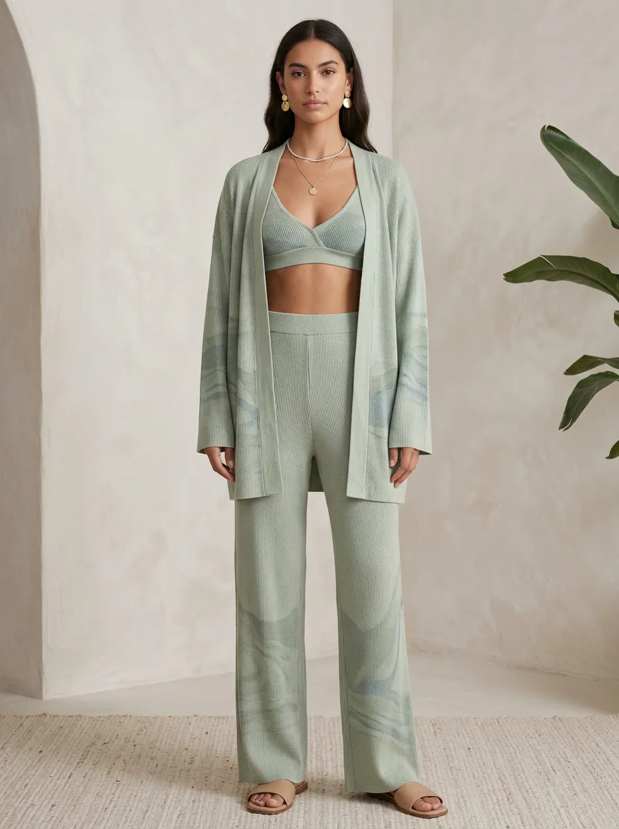 Ribbed Marble Cardigan Lounge Set