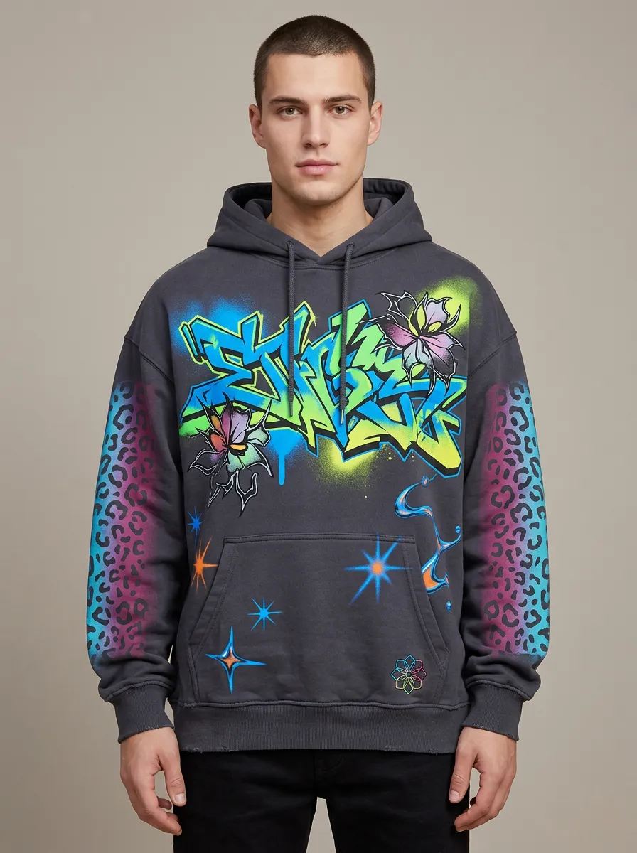 Unisex Graffiti Leopard Neon Floral Graphic Hoodie