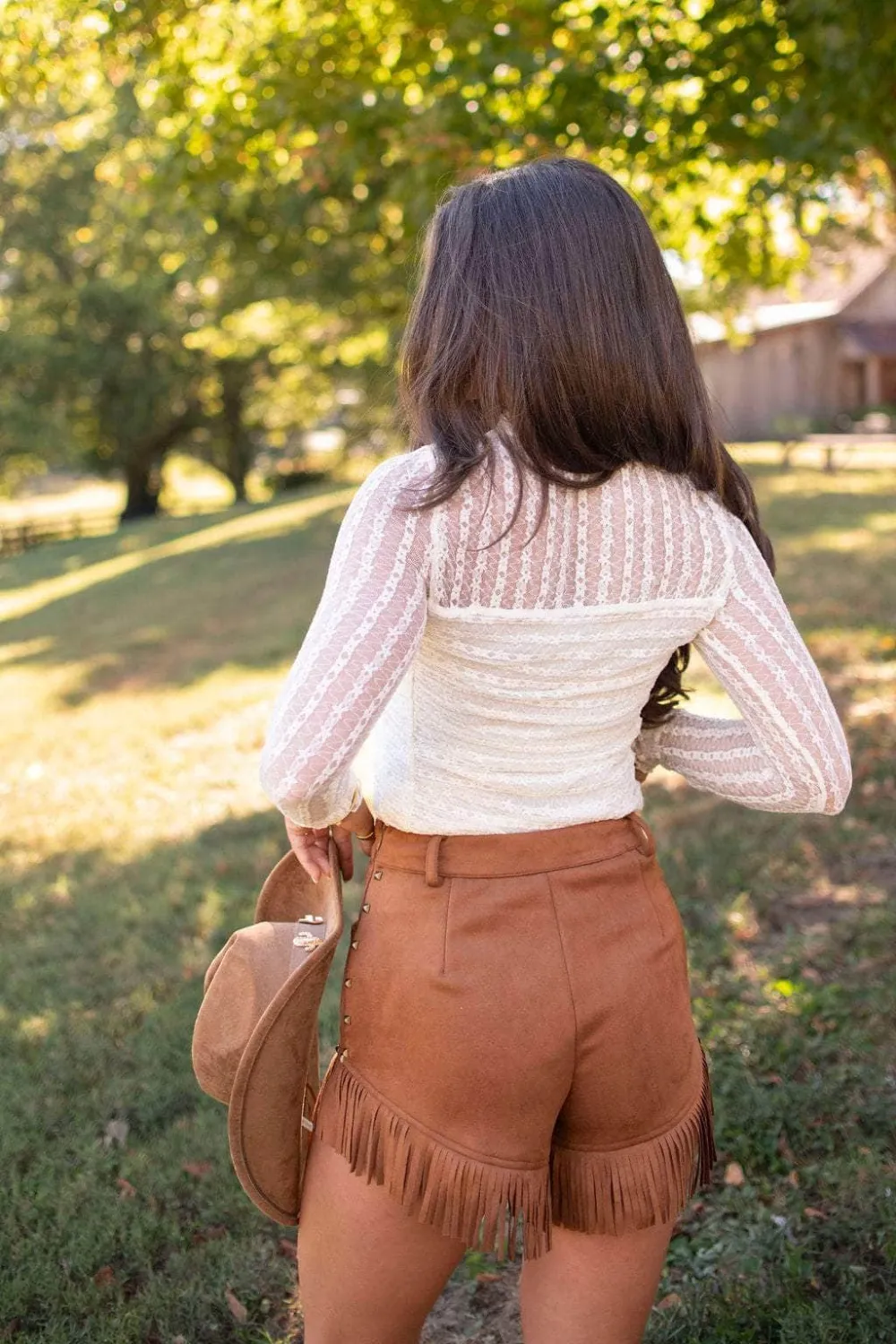 Lace Up Suede Fringe Casual Shorts