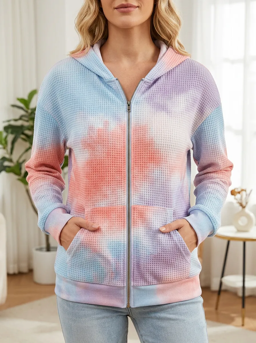 Women's Tie-Dye Signature Design Waffle Zip-Up Hoodie