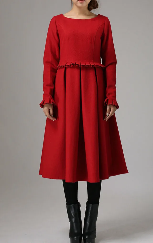 Wool Blend Pleated Ruffle Long Sleeve Maxi Dress