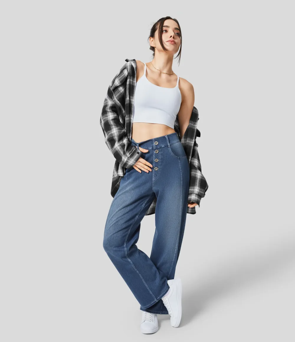 Magic High Waisted Decorative Button Multiple Pockets Straight Leg Stretchy Knit Casual Boyfriend Jeans