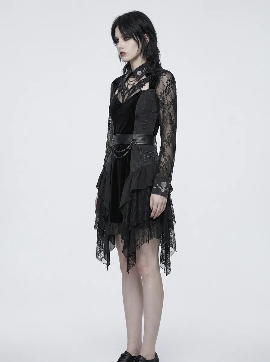 Women's Gothic Skull Lace Wing Embroidered Long Sleeve Top