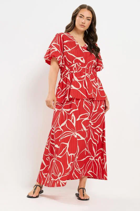 Red Floral Print Puff Sleeve Top detail 1