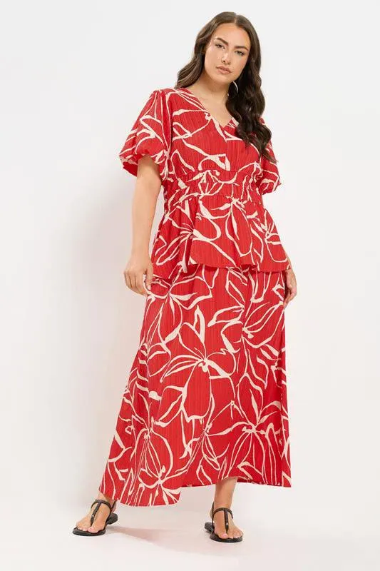 Red Floral Print Puff Sleeve Top