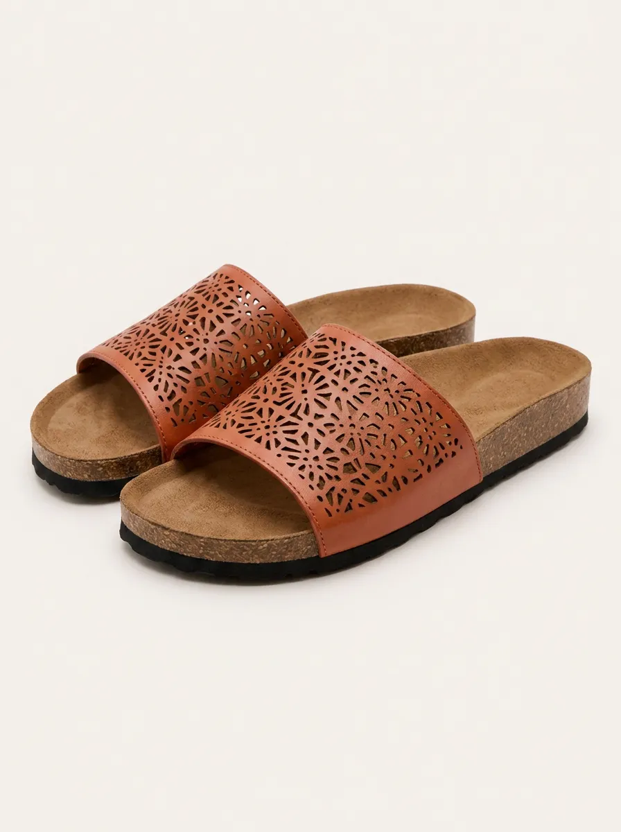 Women's Bohemian Floral Laser Cut Cork Printed Slides
