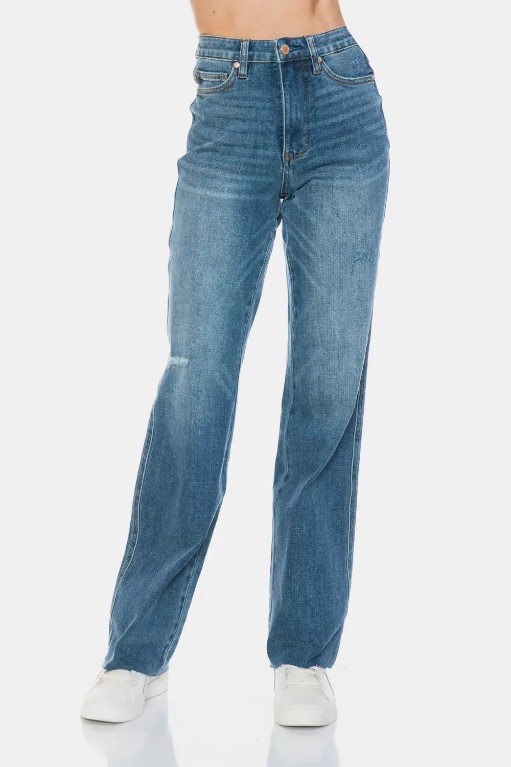 Tummy Control Cut Raw Hem Straight Denim Jeans