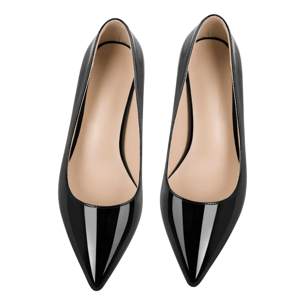 Patent Finish Pointed Toe Chunky Heel Slip On Pumps