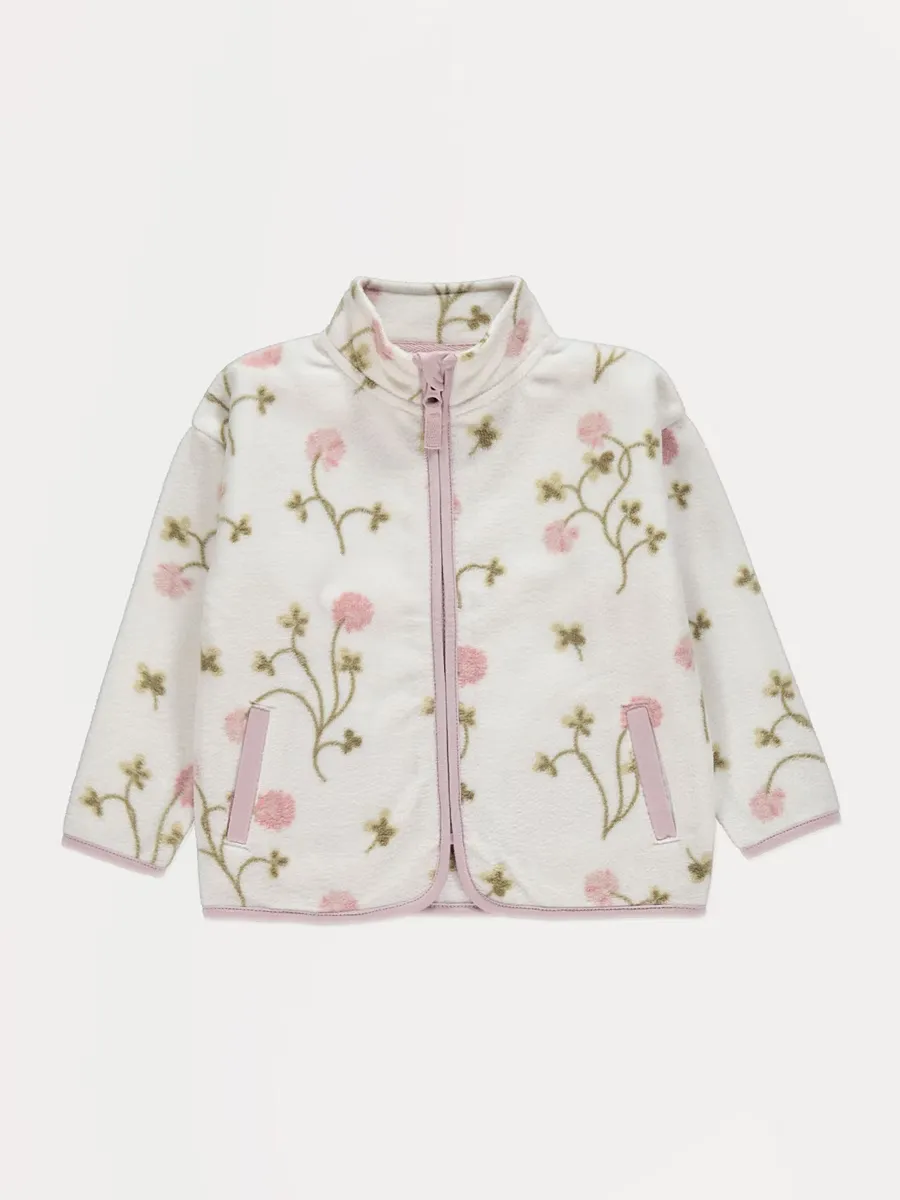 Cream Flower Zip Up Fleece Jacket
