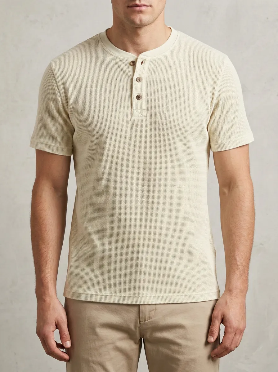 Relaxed Waffle-Knit Button-Placket Men's Short-Sleeve Henley Shirt