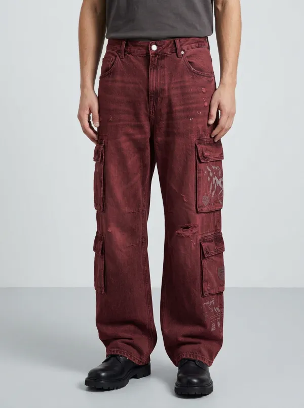 Men's Streetwear Distressed Denim Graphic Cargo Jeans