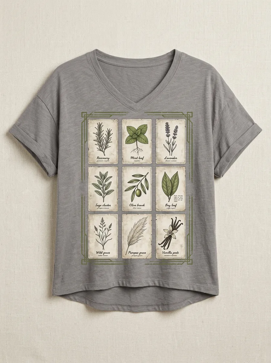 Women's Botanical Herb Lover Vintage Plant Printed T-shirt