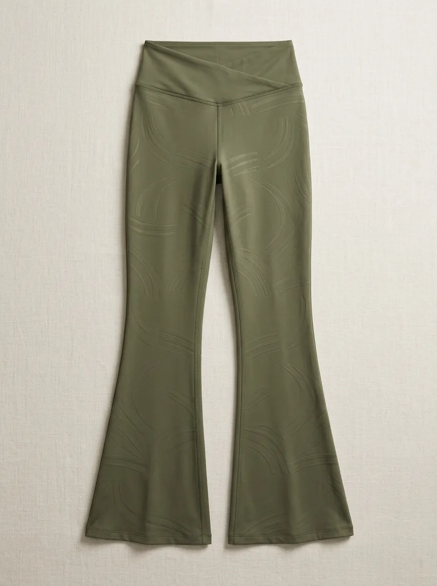 Women's Olive Green Abstract Curve Printed Flare Leggings