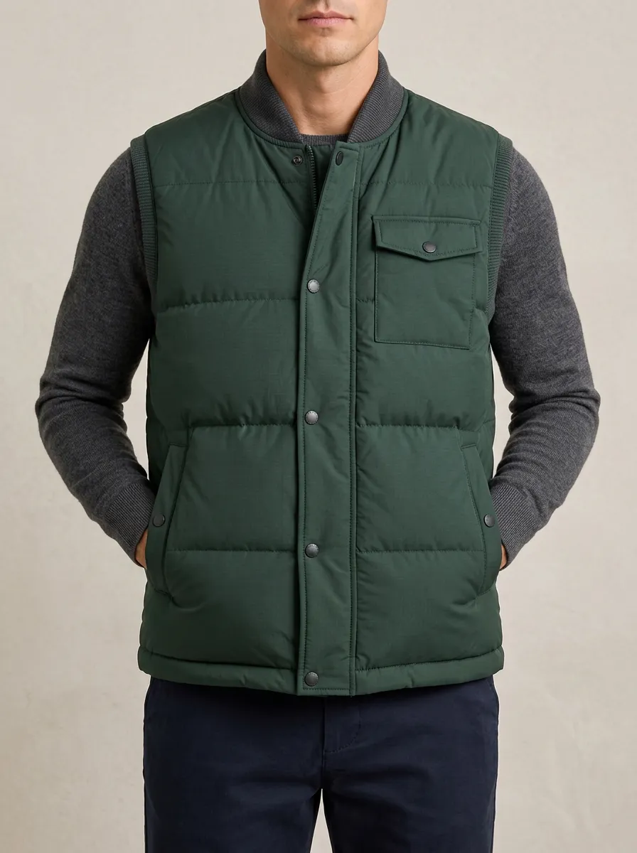 Men's Down Vest with Quilted Forest Green Styling
