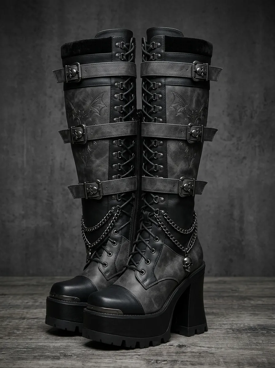Gothic Revival Skull Bat Chain Design Women's Gothic Platform Boots