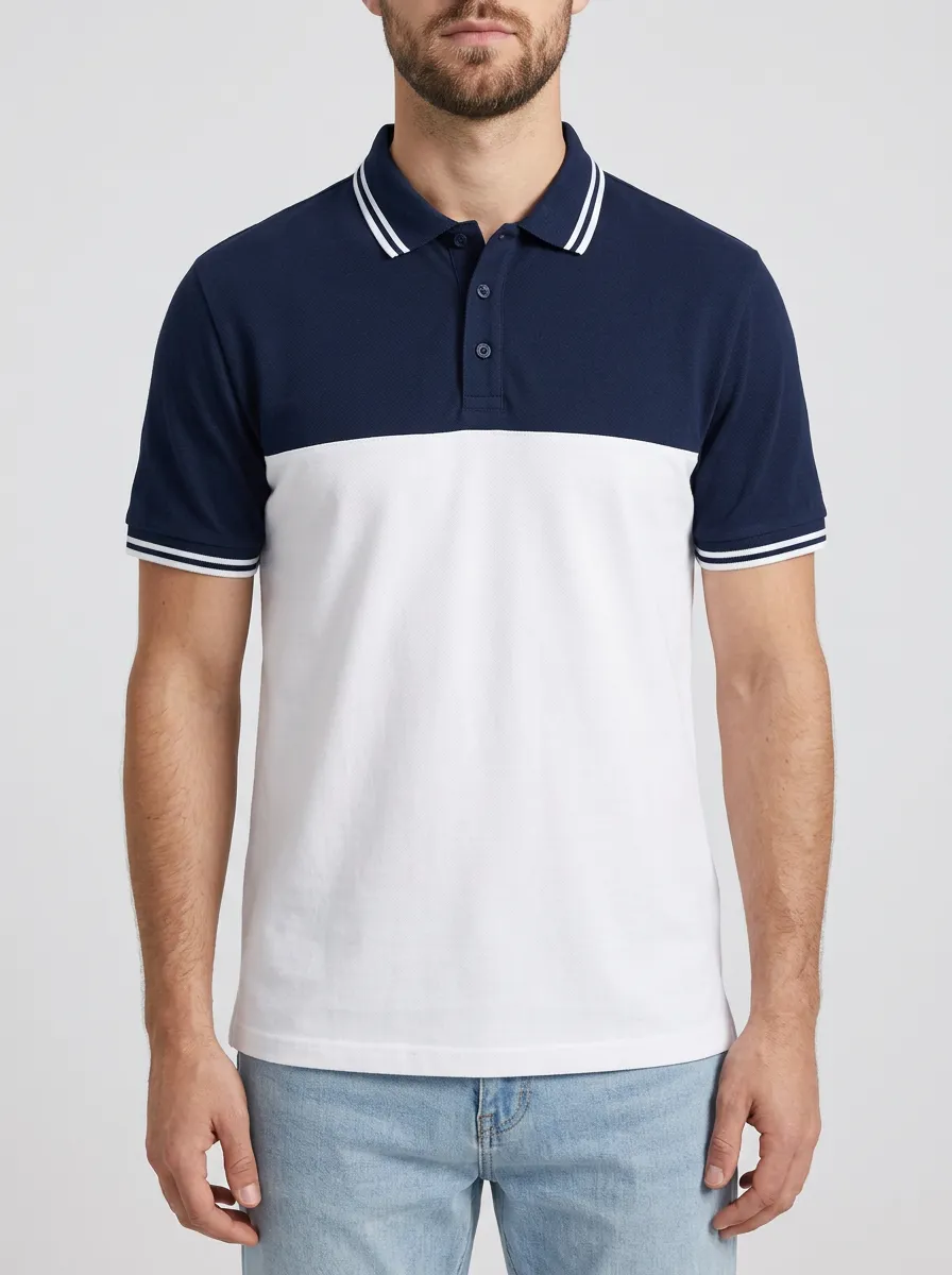 Men's Casual Colorblock Striped Trim Printed Polo Shirt