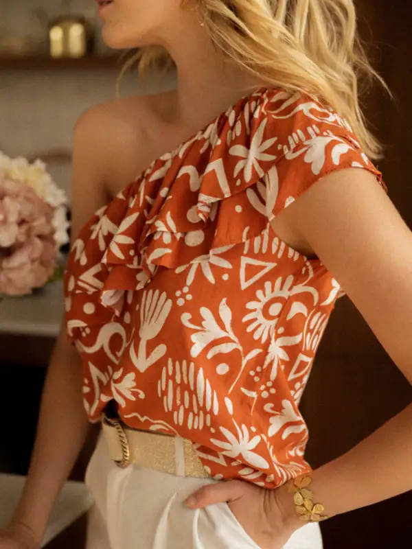 One Shoulder Ruffle Sleeveless Top