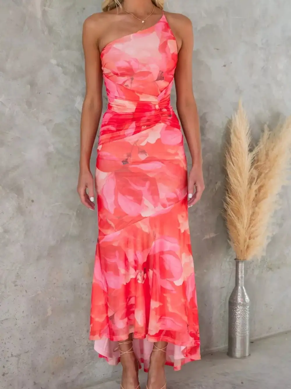 Casual Floral Print One Shoulder Ruched Maxi Dress