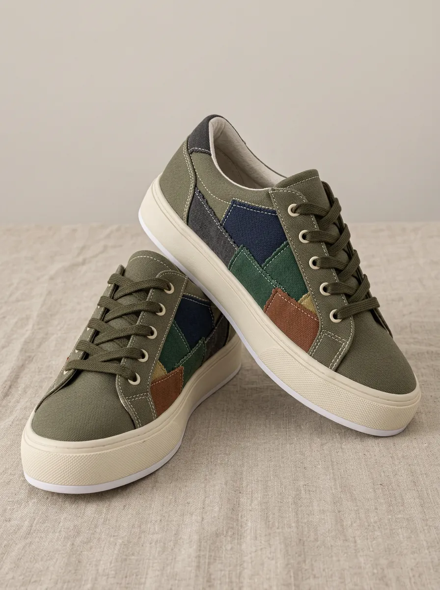 Men's Olive Patchwork Colorblock Printed Canvas Shoes