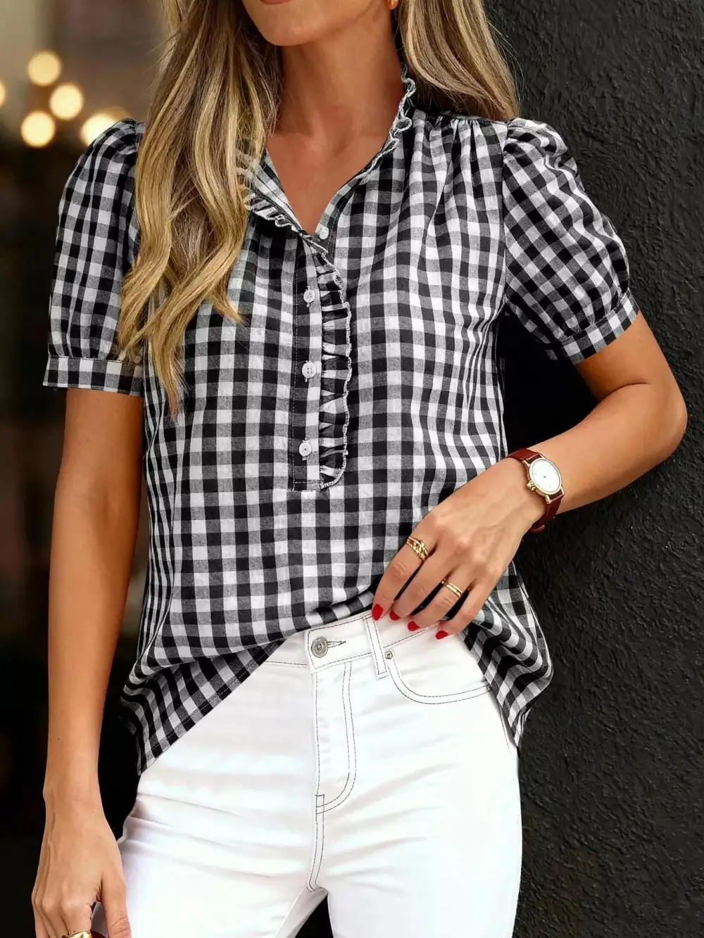 Gingham Button-Front Puff Sleeve Blouse