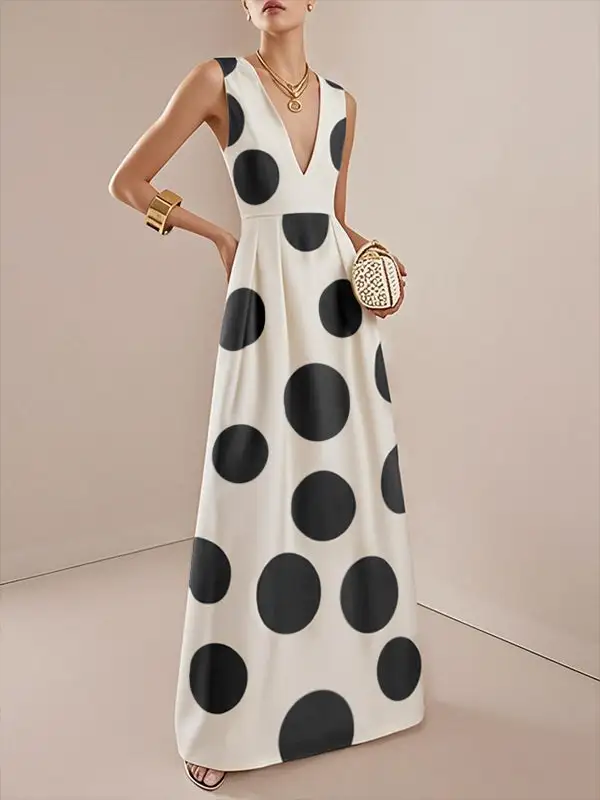 Pleated Polka Dot Neck Maxi Dress