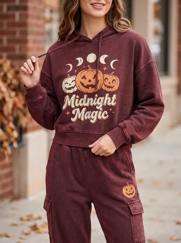 Women's Halloween Midnight Magic Pumpkin Moon Printed Lounge Set