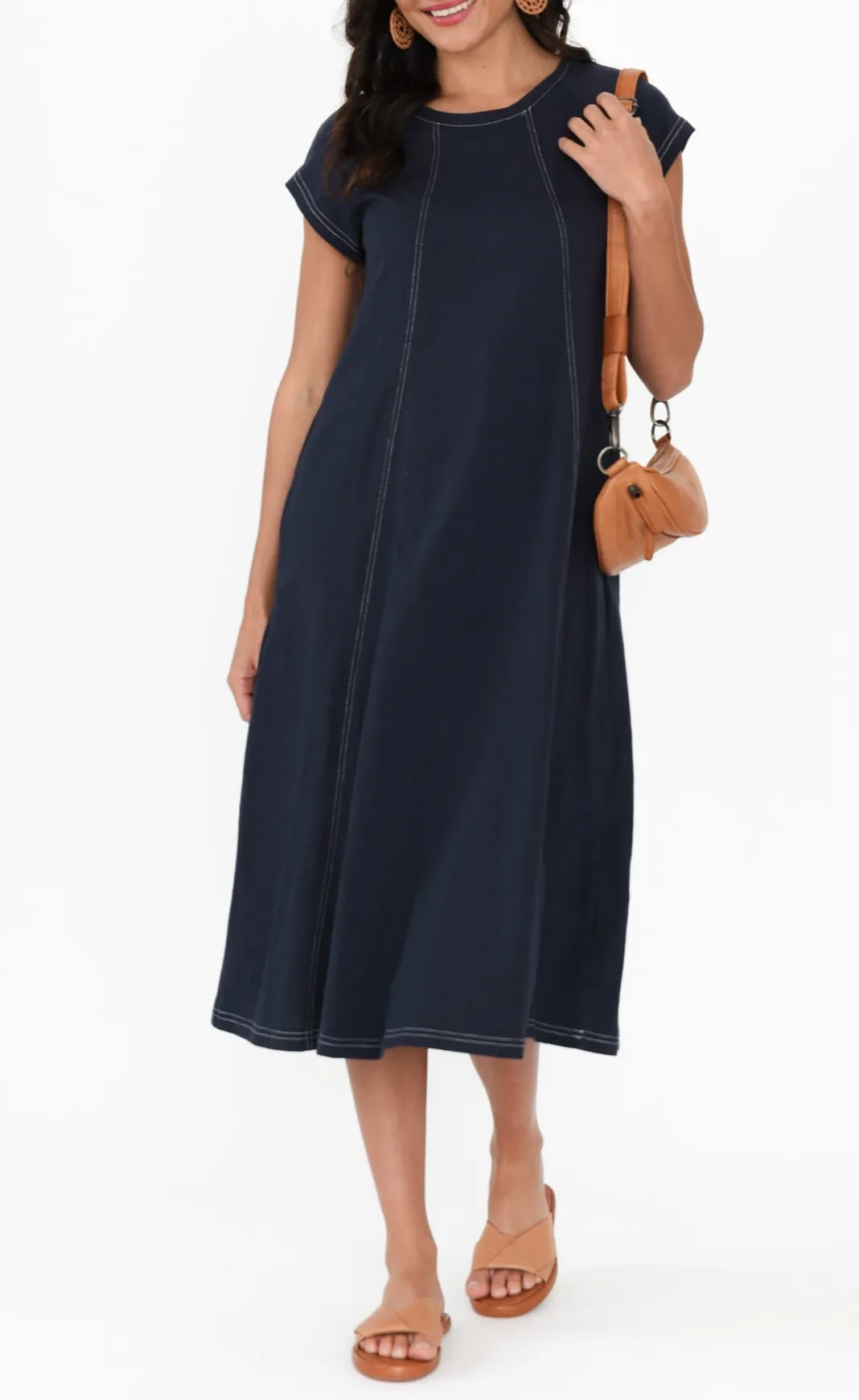 Below-Knee Cotton Pocket Round-Neck Short-Sleeve Straight-Cut Relaxed Dress