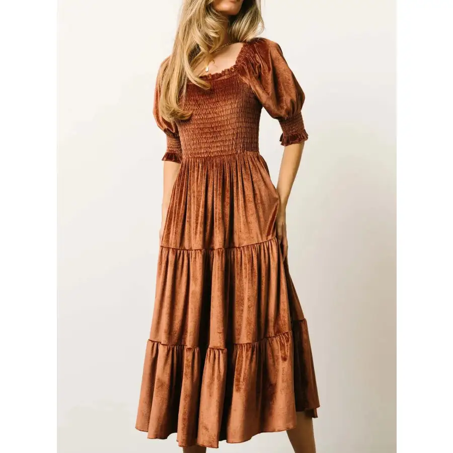Smocked Half Sleeve Tiered Midi Dress